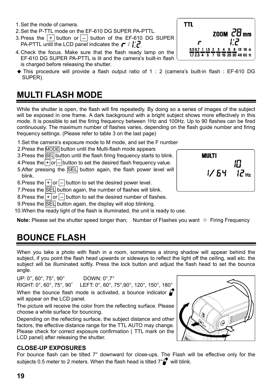 Multi flash mode, Bounce flash | SIGMA ELECTRONIC FLASH EF-610 DG SUPER PA-PTTL (ペンタックス用) User Manual | Page 20 / 136