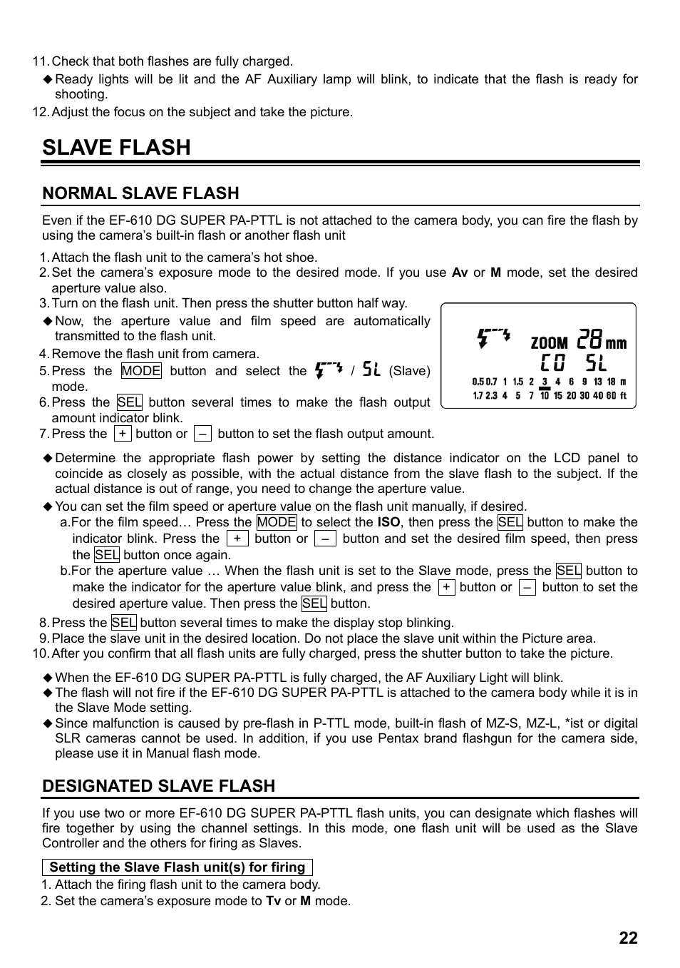 Slave flash, Normal slave flash, Designated slave flash | SIGMA ELECTRONIC FLASH EF-610 DG SUPER PA-PTTL (ペンタックス用) User Manual | Page 23 / 136