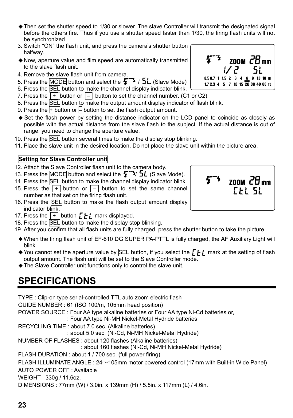 Specifications | SIGMA ELECTRONIC FLASH EF-610 DG SUPER PA-PTTL (ペンタックス用) User Manual | Page 24 / 136