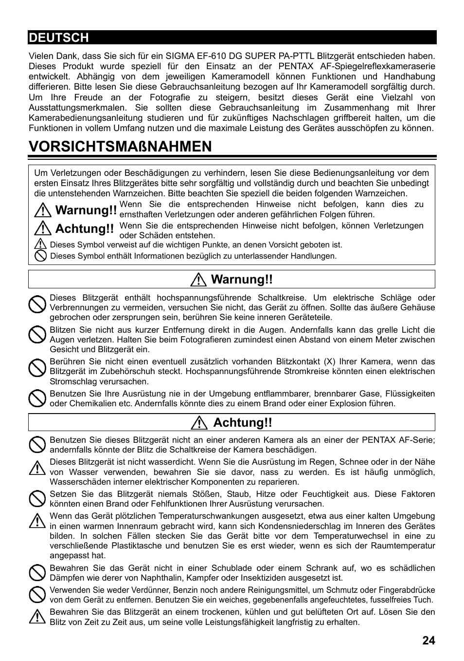 Vorsichtsmaßnahmen, Deutsch, Warnung | Achtung | SIGMA ELECTRONIC FLASH EF-610 DG SUPER PA-PTTL (ペンタックス用) User Manual | Page 25 / 136