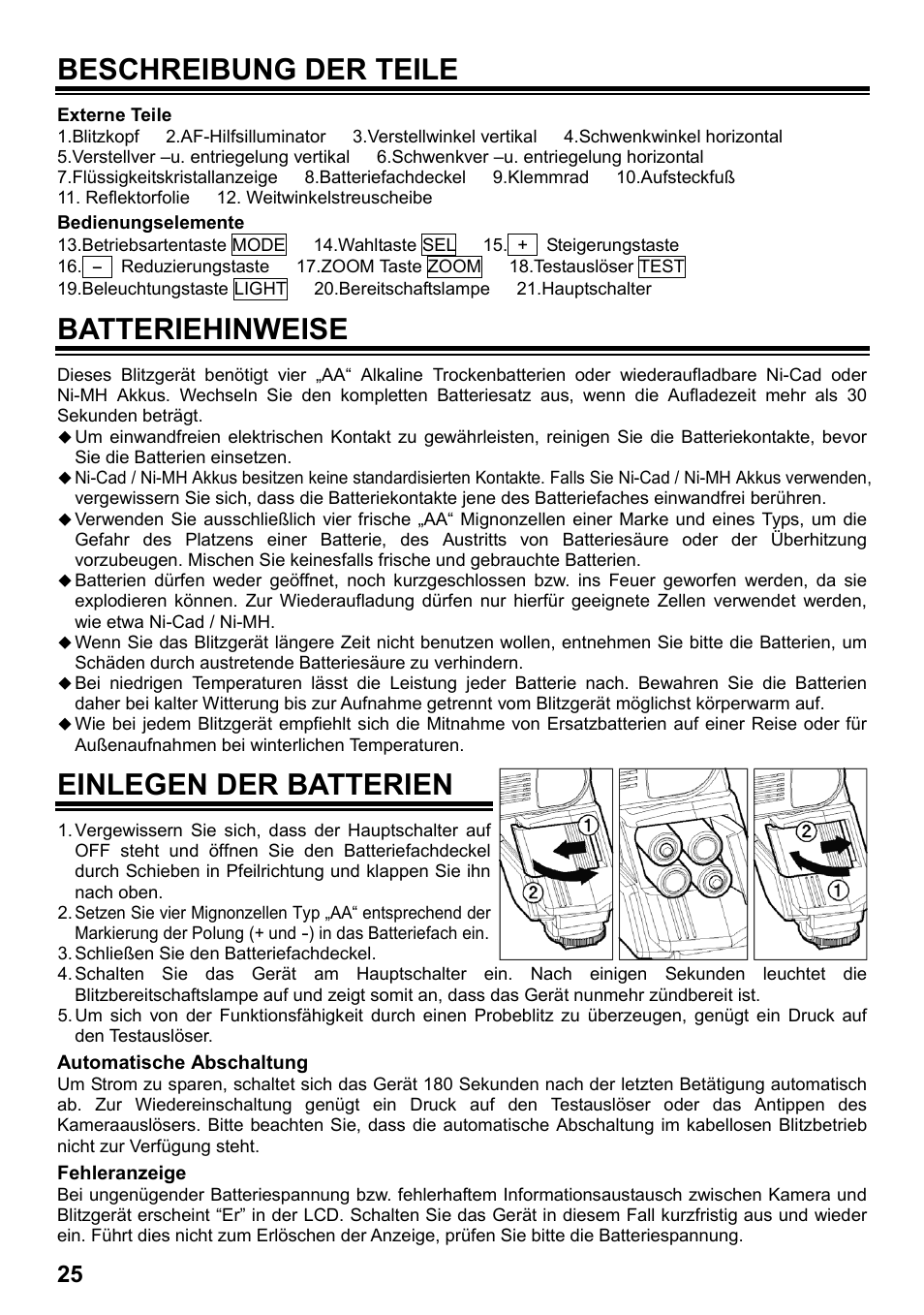 Beschreibung der teile, Batteriehinweise, Einlegen der batterien | SIGMA ELECTRONIC FLASH EF-610 DG SUPER PA-PTTL (ペンタックス用) User Manual | Page 26 / 136