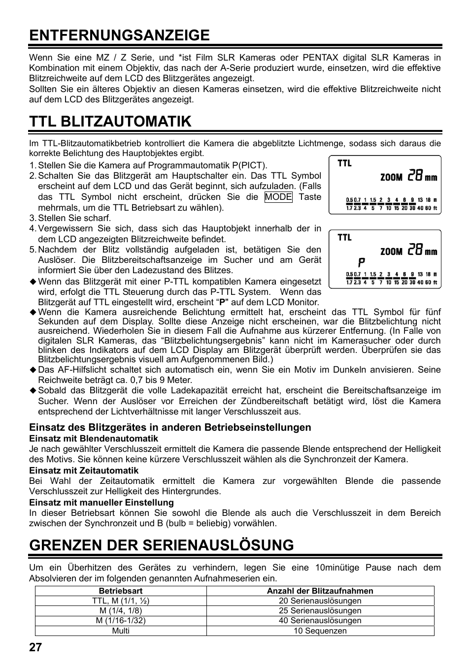 Entfernungsanzeige, Ttl blitzautomatik, Grenzen der serienauslösung | SIGMA ELECTRONIC FLASH EF-610 DG SUPER PA-PTTL (ペンタックス用) User Manual | Page 28 / 136