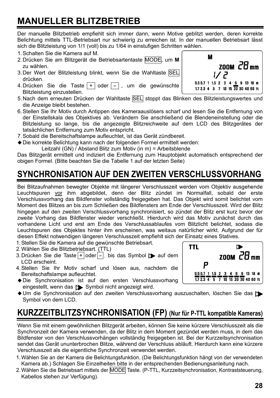 Manueller blitzbetrieb, Synchronisation auf den zweiten verschlussvorhang, Kurzzeitblitzsynchronisation (fp) | Nur für p-ttl kompatible kameras) | SIGMA ELECTRONIC FLASH EF-610 DG SUPER PA-PTTL (ペンタックス用) User Manual | Page 29 / 136