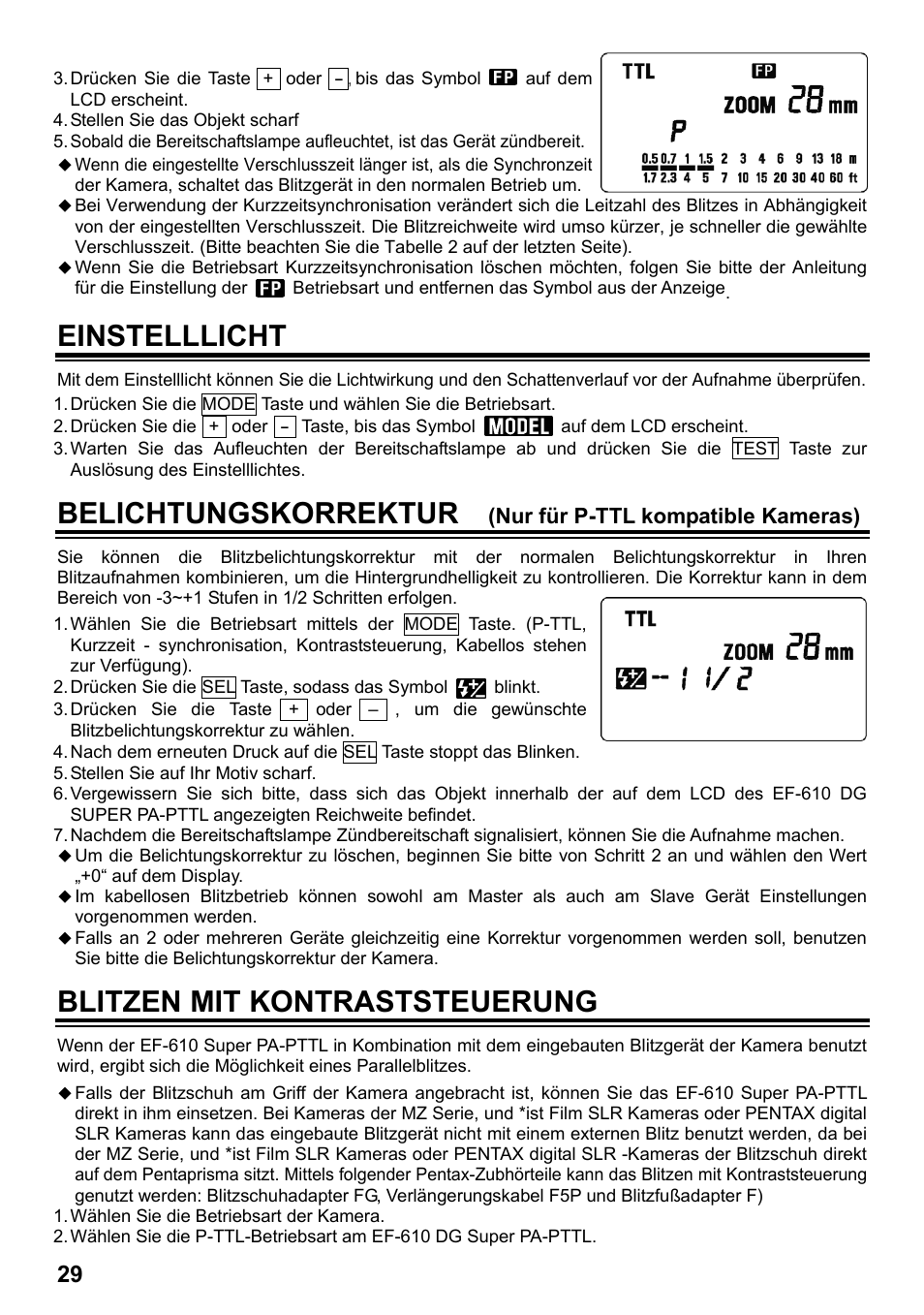 Einstelllicht, Belichtungskorrektur, Blitzen mit kontraststeuerung | SIGMA ELECTRONIC FLASH EF-610 DG SUPER PA-PTTL (ペンタックス用) User Manual | Page 30 / 136