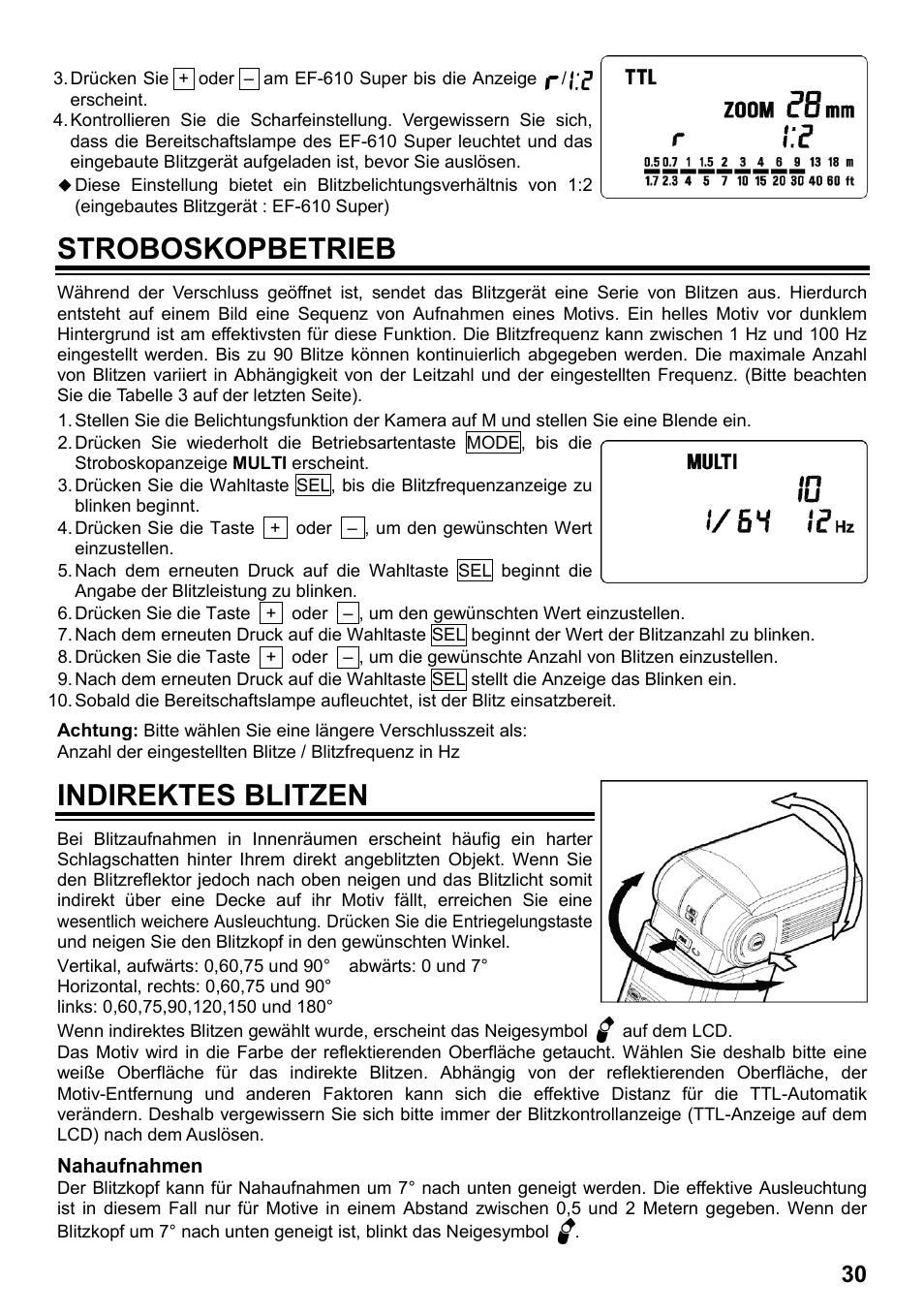 Stroboskopbetrieb, Indirektes blitzen | SIGMA ELECTRONIC FLASH EF-610 DG SUPER PA-PTTL (ペンタックス用) User Manual | Page 31 / 136