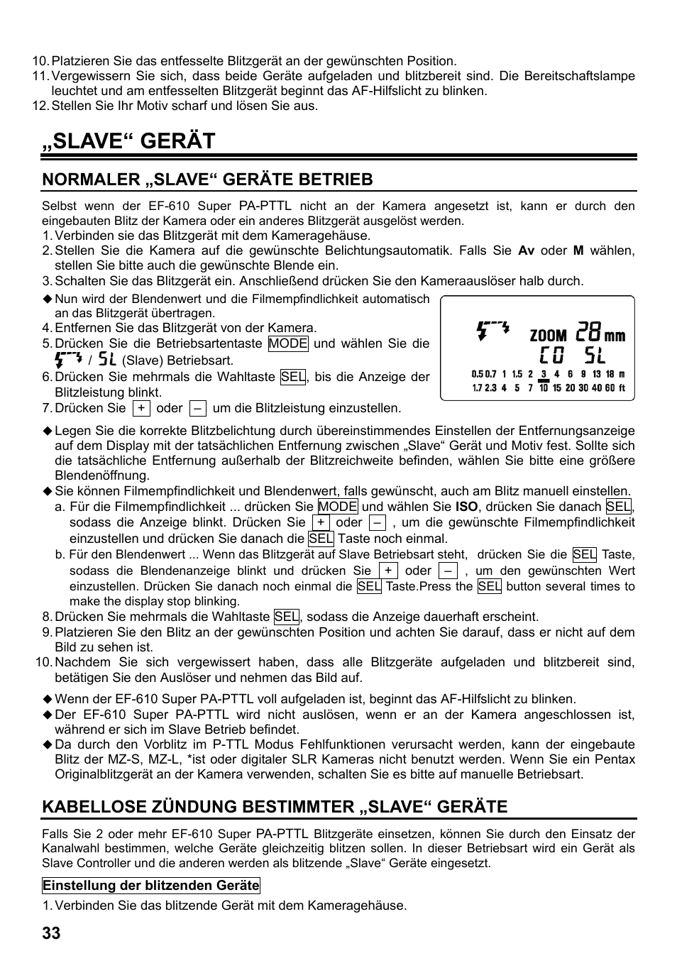 Slave“ gerät, Normaler „slave“ geräte betrieb, Kabellose zündung bestimmter „slave“ geräte | SIGMA ELECTRONIC FLASH EF-610 DG SUPER PA-PTTL (ペンタックス用) User Manual | Page 34 / 136
