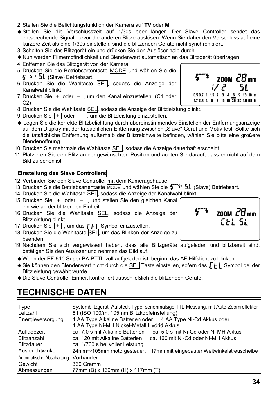 Technische daten | SIGMA ELECTRONIC FLASH EF-610 DG SUPER PA-PTTL (ペンタックス用) User Manual | Page 35 / 136