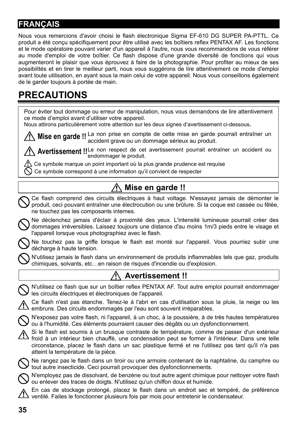 Precautions, Français, Mise en garde | Avertissement | SIGMA ELECTRONIC FLASH EF-610 DG SUPER PA-PTTL (ペンタックス用) User Manual | Page 36 / 136