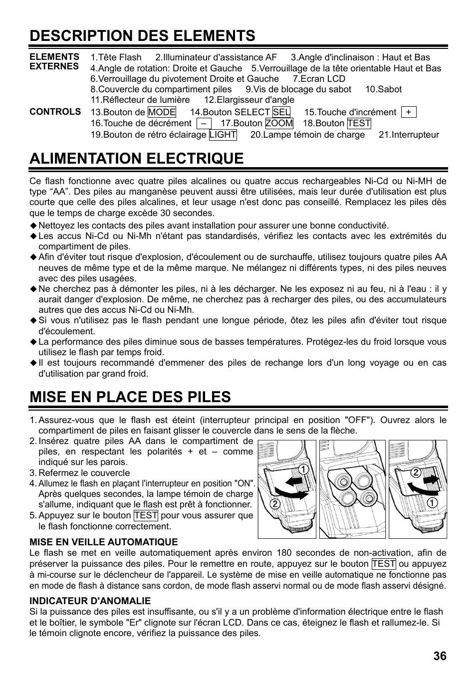 Description des elements, Alimentation electrique, Mise en place des piles | SIGMA ELECTRONIC FLASH EF-610 DG SUPER PA-PTTL (ペンタックス用) User Manual | Page 37 / 136