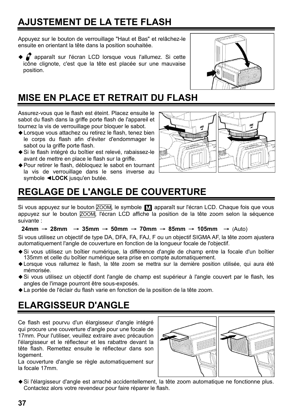 Ajustement de la tete flash, Mise en place et retrait du flash, Reglage de l'angle de couverture | Elargisseur d'angle | SIGMA ELECTRONIC FLASH EF-610 DG SUPER PA-PTTL (ペンタックス用) User Manual | Page 38 / 136