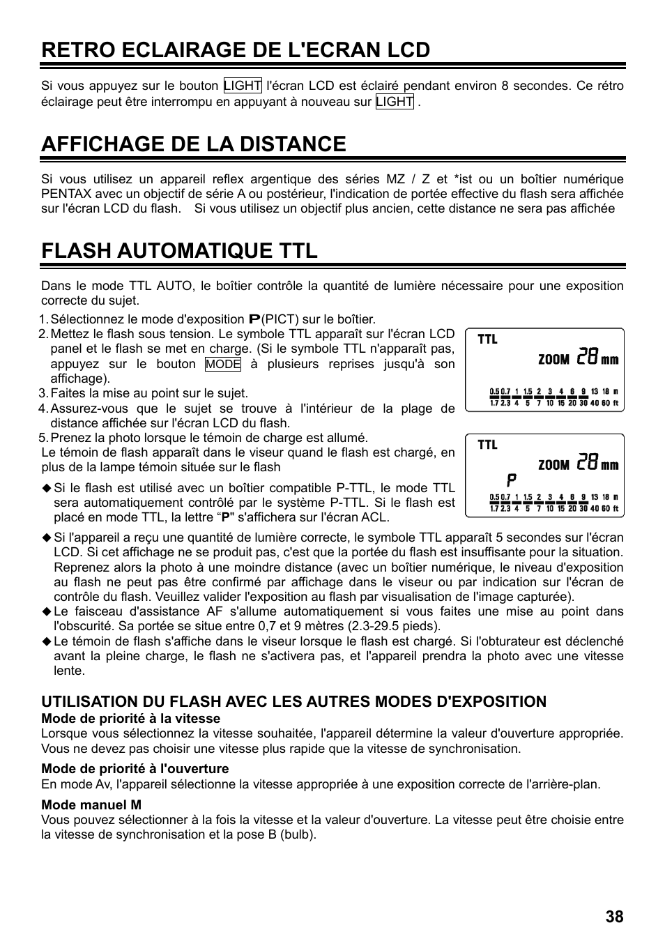 Retro eclairage de l'ecran lcd, Affichage de la distance, Flash automatique ttl | SIGMA ELECTRONIC FLASH EF-610 DG SUPER PA-PTTL (ペンタックス用) User Manual | Page 39 / 136