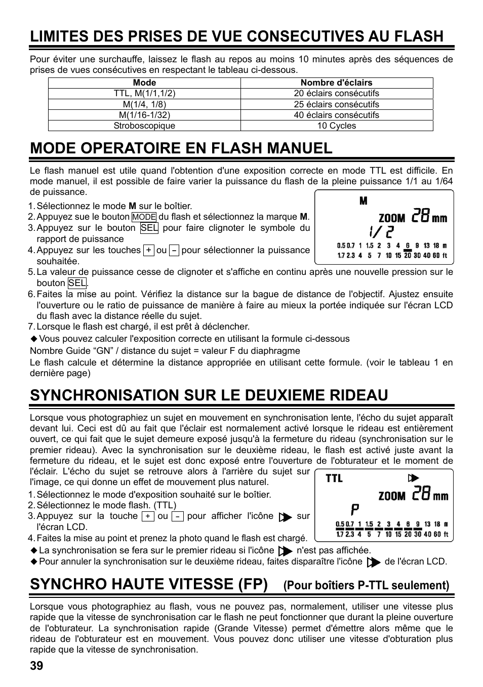 Limites des prises de vue consecutives au flash, Mode operatoire en flash manuel, Synchronisation sur le deuxieme rideau | Synchro haute vitesse (fp), Pour boîtiers p-ttl seulement) | SIGMA ELECTRONIC FLASH EF-610 DG SUPER PA-PTTL (ペンタックス用) User Manual | Page 40 / 136