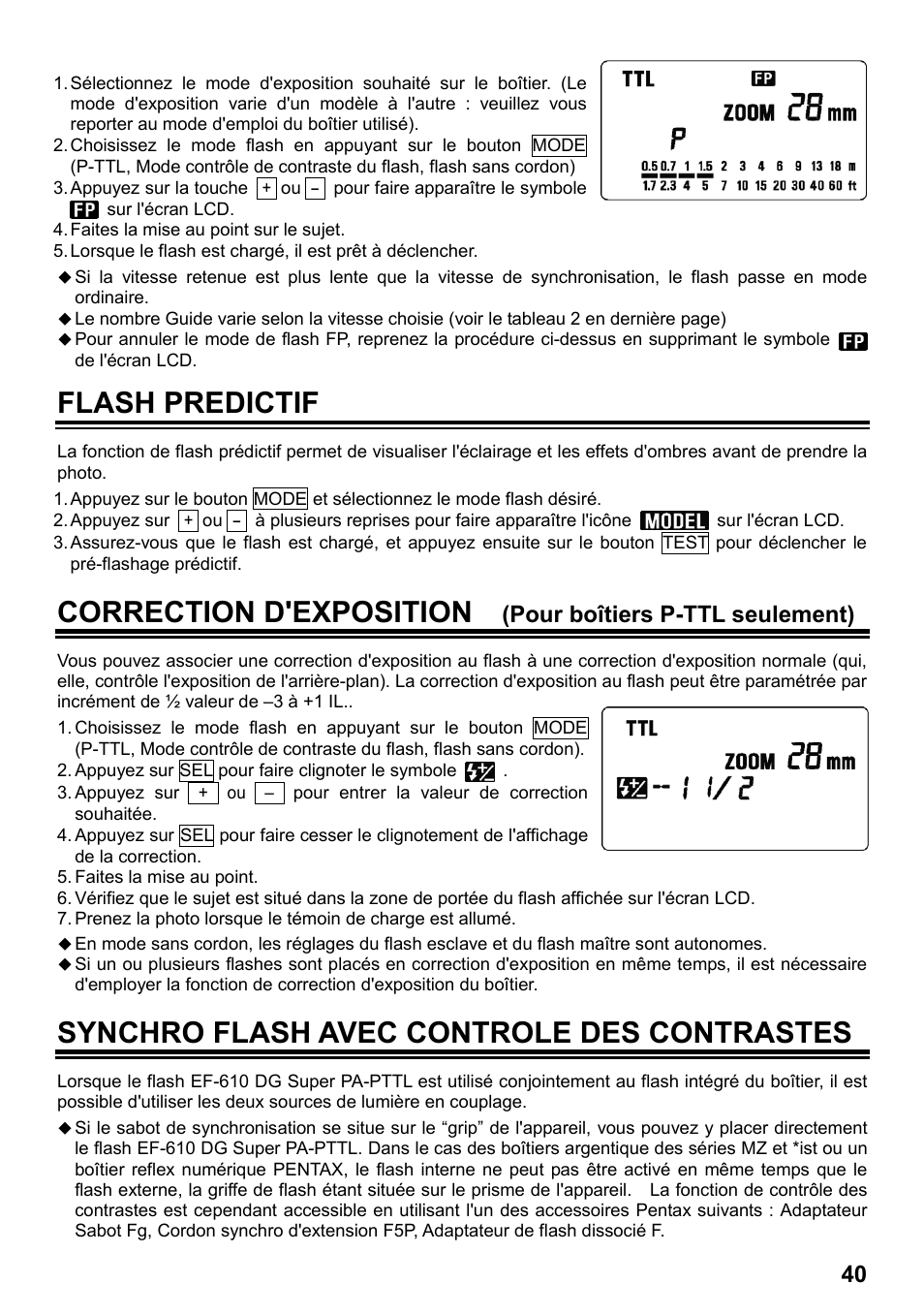 Flash predictif, Correction d'exposition, Synchro flash avec controle des contrastes | Pour boîtiers p-ttl seulement) | SIGMA ELECTRONIC FLASH EF-610 DG SUPER PA-PTTL (ペンタックス用) User Manual | Page 41 / 136