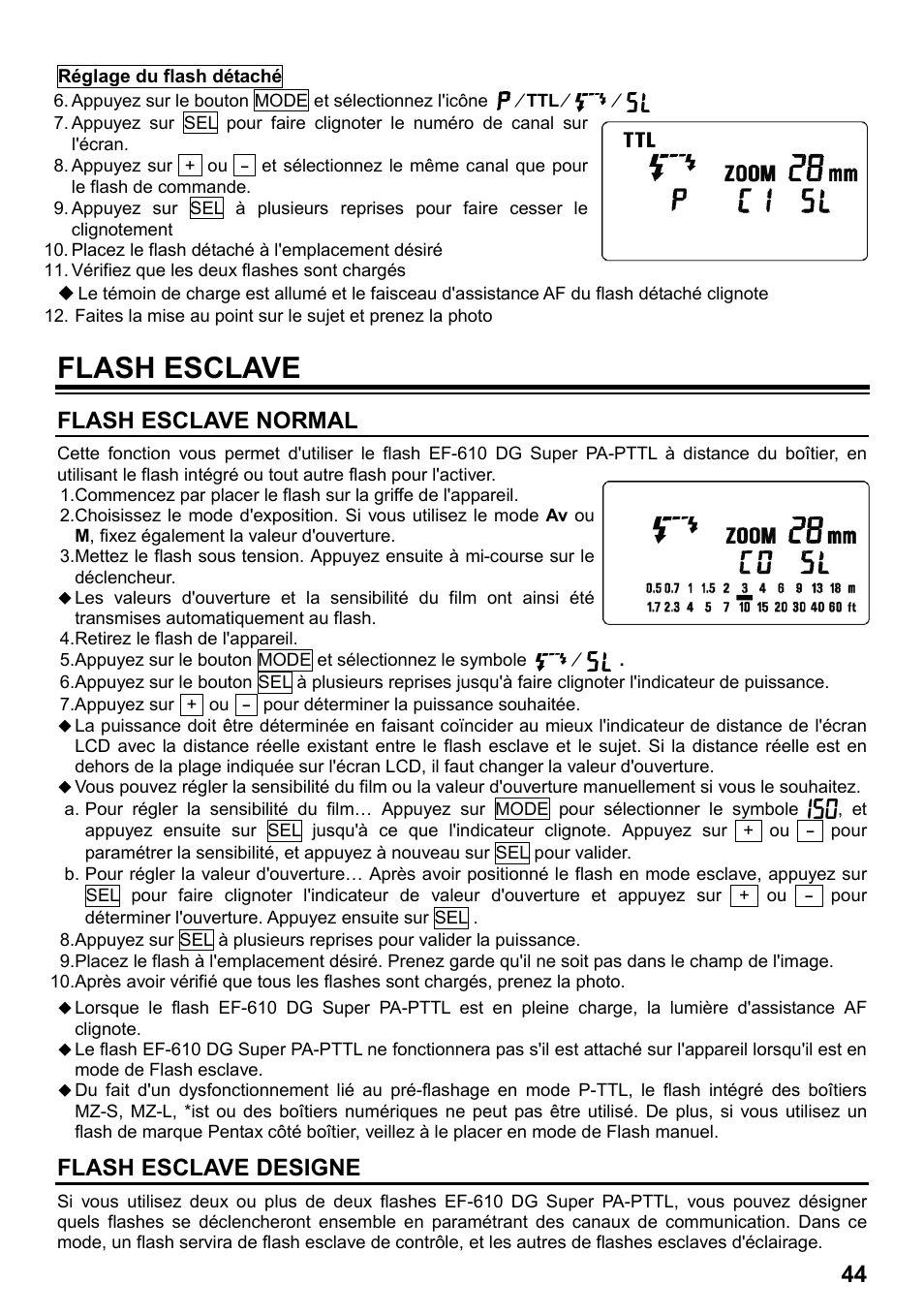 Flash esclave, Flash esclave normal, Flash esclave designe | SIGMA ELECTRONIC FLASH EF-610 DG SUPER PA-PTTL (ペンタックス用) User Manual | Page 45 / 136