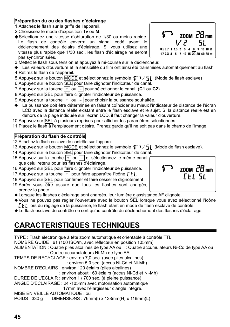 Caracteristiques techniques | SIGMA ELECTRONIC FLASH EF-610 DG SUPER PA-PTTL (ペンタックス用) User Manual | Page 46 / 136