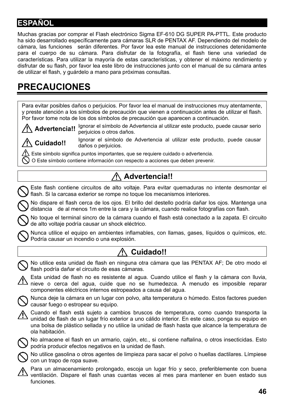 Precauciones, Español, Advertencia | Cuidado | SIGMA ELECTRONIC FLASH EF-610 DG SUPER PA-PTTL (ペンタックス用) User Manual | Page 47 / 136