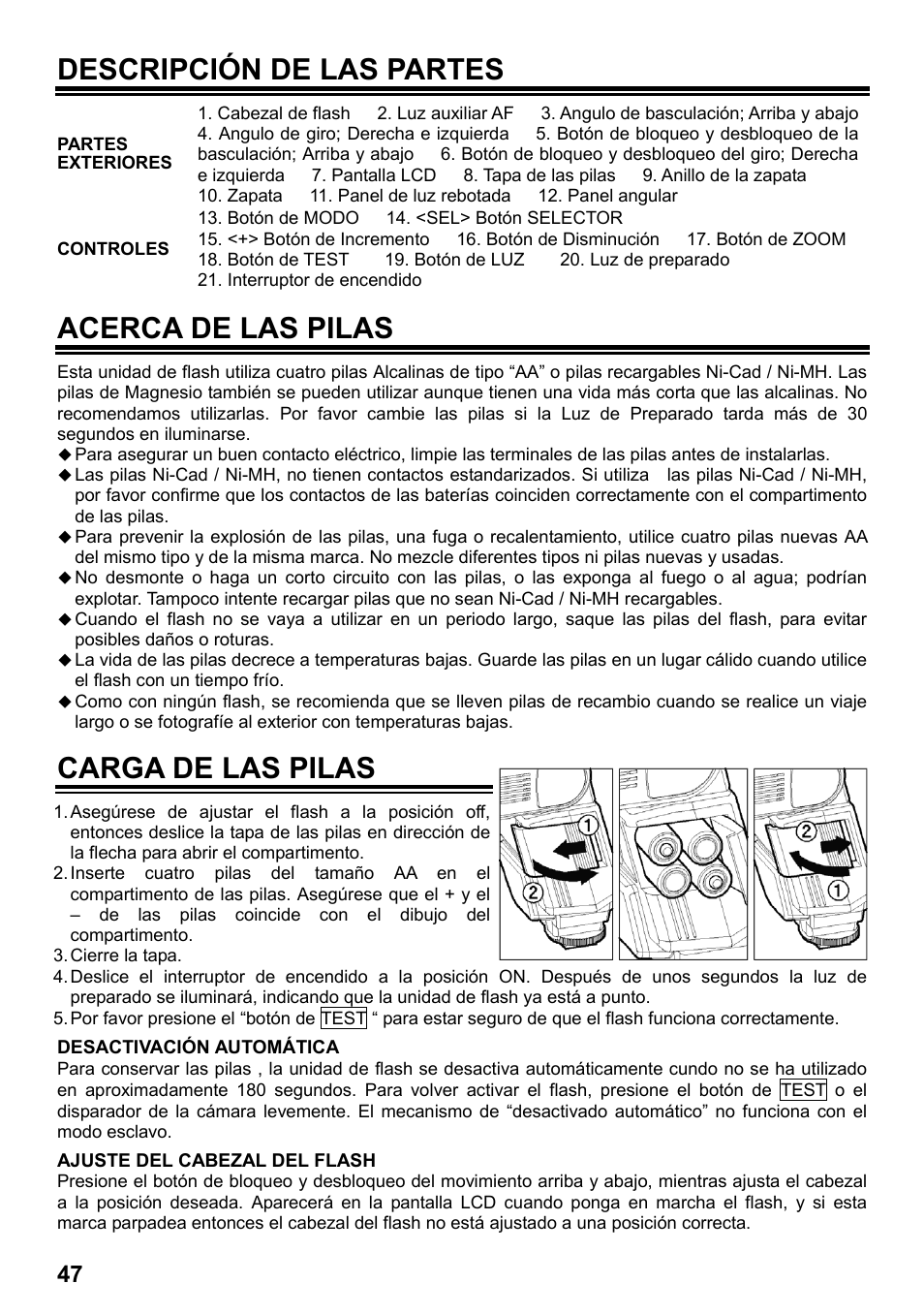 Descripción de las partes, Acerca de las pilas, Carga de las pilas | SIGMA ELECTRONIC FLASH EF-610 DG SUPER PA-PTTL (ペンタックス用) User Manual | Page 48 / 136