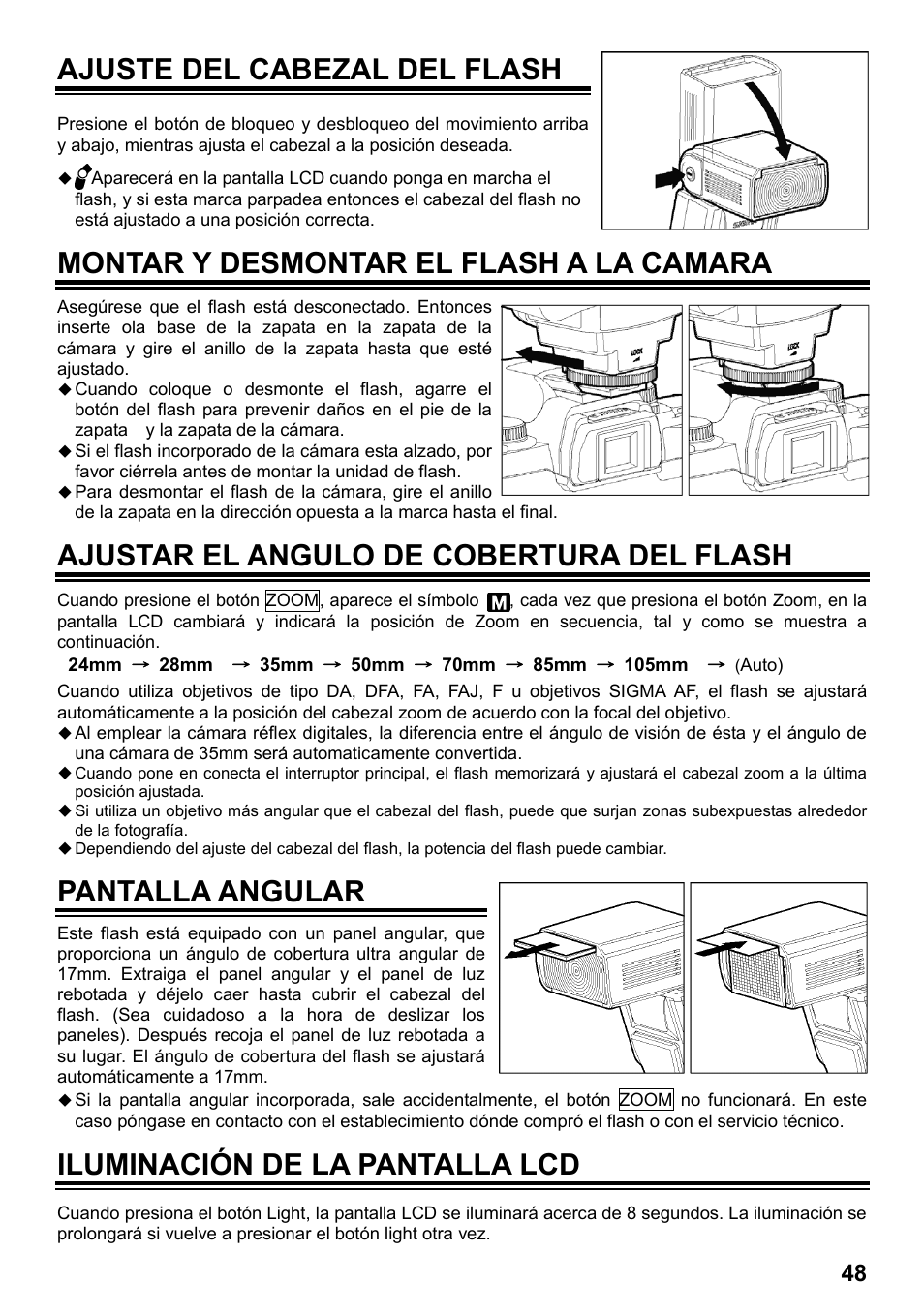 Ajuste del cabezal del flash, Montar y desmontar el flash a la camara, Ajustar el angulo de cobertura del flash | Pantalla angular, Iluminación de la pantalla lcd | SIGMA ELECTRONIC FLASH EF-610 DG SUPER PA-PTTL (ペンタックス用) User Manual | Page 49 / 136