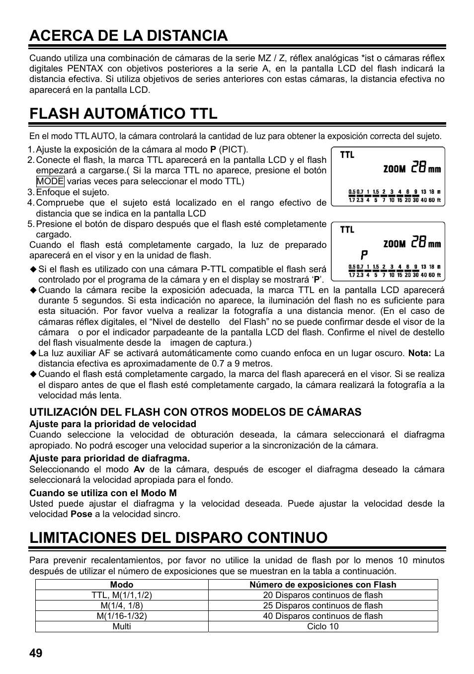 Acerca de la distancia, Flash automático ttl, Limitaciones del disparo continuo | SIGMA ELECTRONIC FLASH EF-610 DG SUPER PA-PTTL (ペンタックス用) User Manual | Page 50 / 136