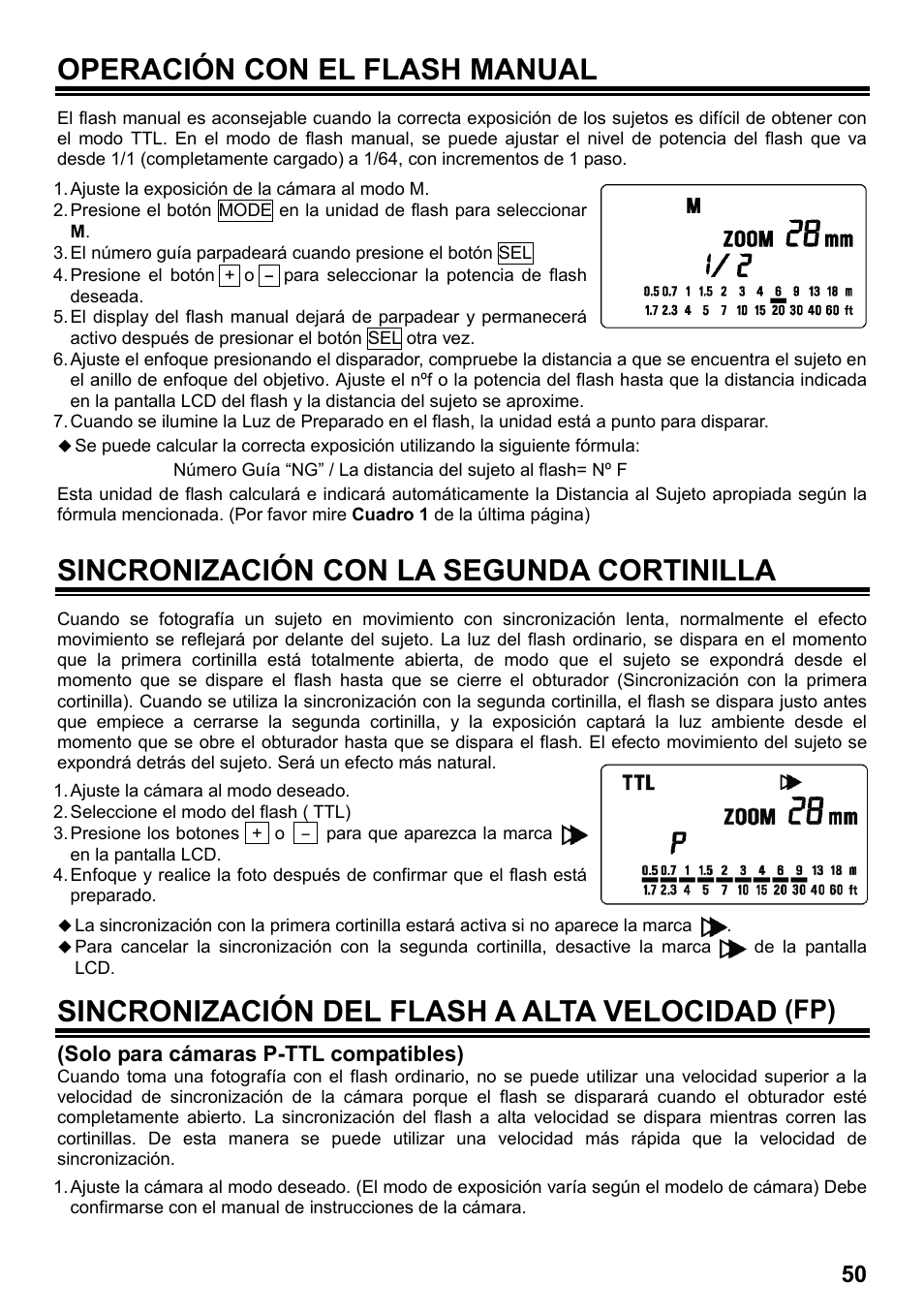 Operación con el flash manual, Sincronización con la segunda cortinilla, Sincronización del flash a alta velocidad | SIGMA ELECTRONIC FLASH EF-610 DG SUPER PA-PTTL (ペンタックス用) User Manual | Page 51 / 136
