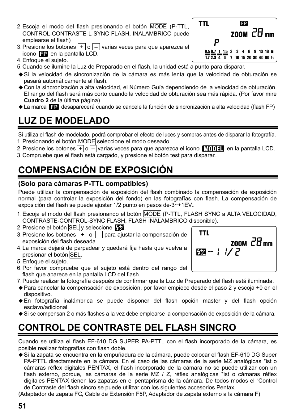 Luz de modelado, Compensación de exposición, Control de contraste del flash sincro | SIGMA ELECTRONIC FLASH EF-610 DG SUPER PA-PTTL (ペンタックス用) User Manual | Page 52 / 136
