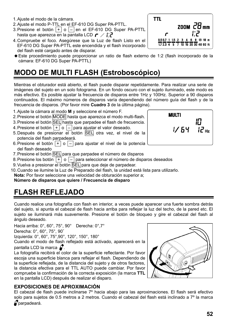 Modo de multi flash (estroboscópico), Flash reflejado | SIGMA ELECTRONIC FLASH EF-610 DG SUPER PA-PTTL (ペンタックス用) User Manual | Page 53 / 136