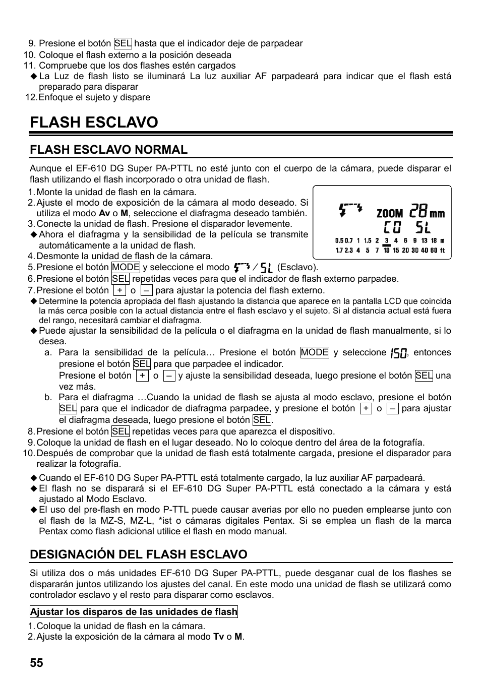 Flash esclavo, Flash esclavo normal, Designación del flash esclavo | SIGMA ELECTRONIC FLASH EF-610 DG SUPER PA-PTTL (ペンタックス用) User Manual | Page 56 / 136