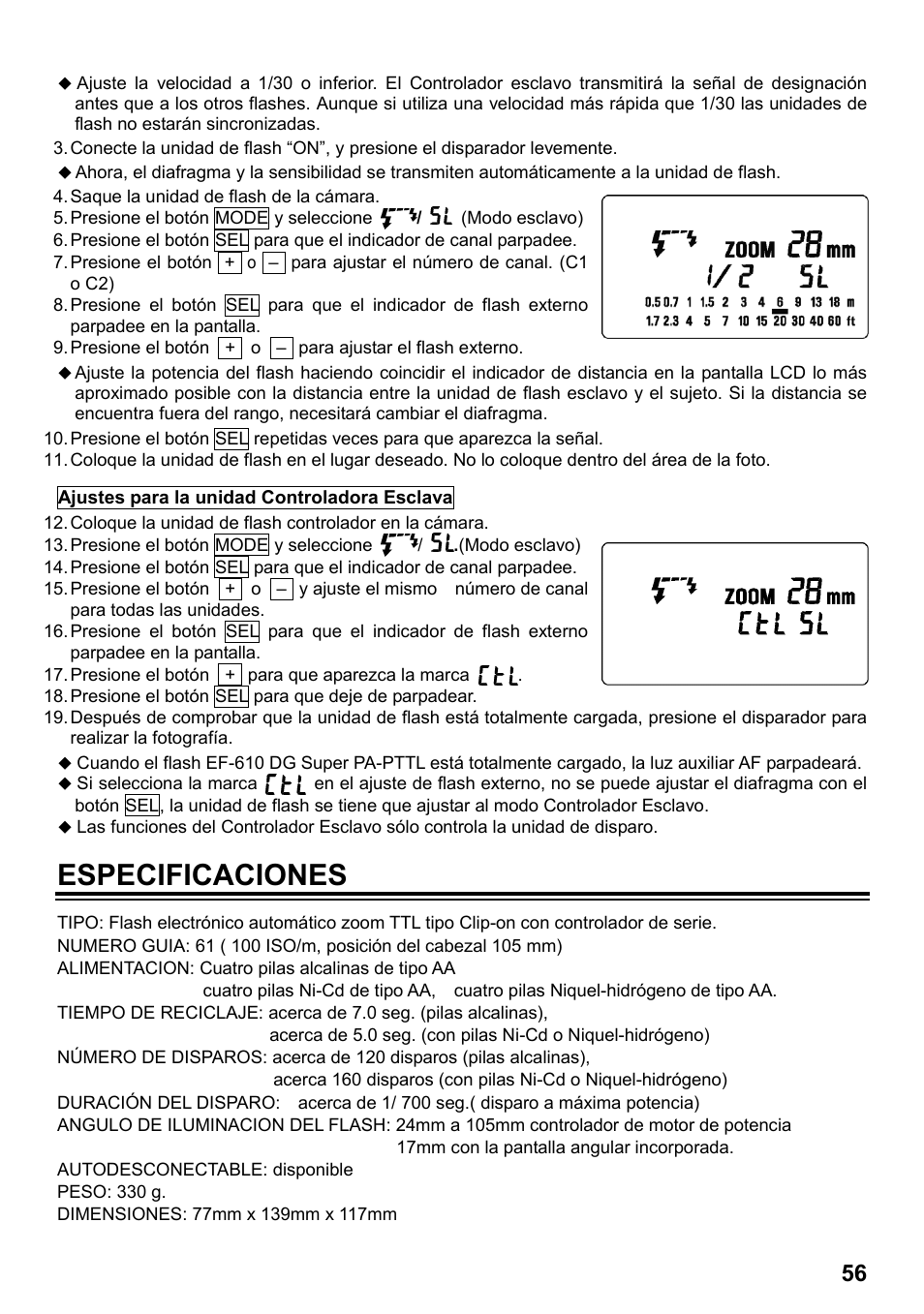 Especificaciones | SIGMA ELECTRONIC FLASH EF-610 DG SUPER PA-PTTL (ペンタックス用) User Manual | Page 57 / 136