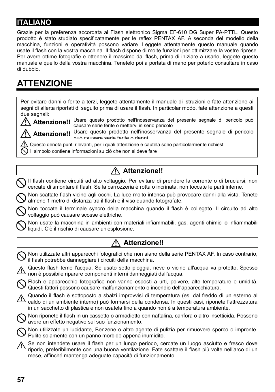 Attenzione, Italiano | SIGMA ELECTRONIC FLASH EF-610 DG SUPER PA-PTTL (ペンタックス用) User Manual | Page 58 / 136