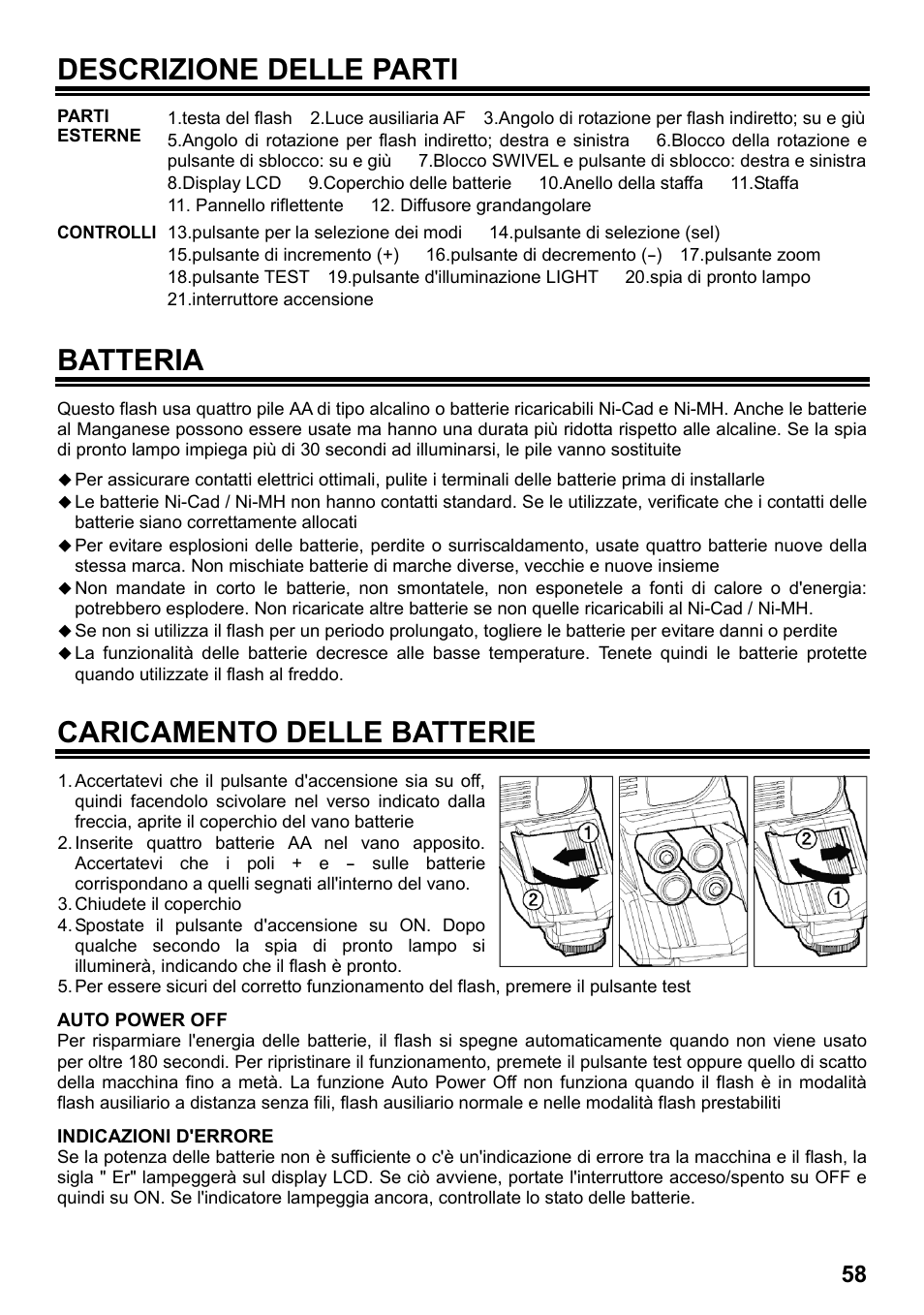 Descrizione delle parti, Batteria, Caricamento delle batterie | SIGMA ELECTRONIC FLASH EF-610 DG SUPER PA-PTTL (ペンタックス用) User Manual | Page 59 / 136