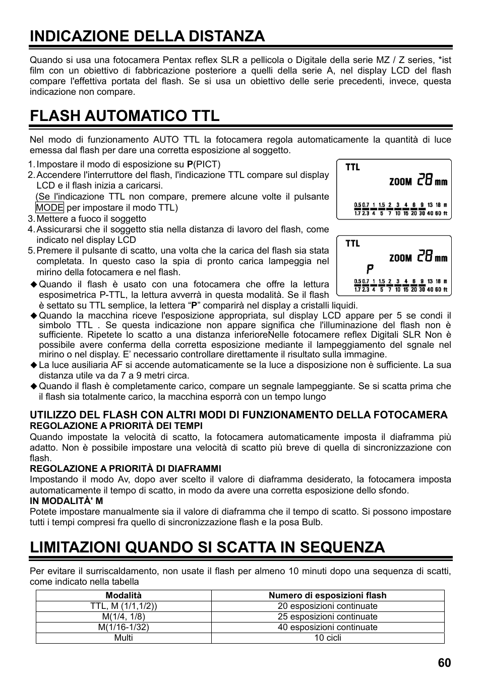 Indicazione della distanza, Flash automatico ttl, Limitazioni quando si scatta in sequenza | SIGMA ELECTRONIC FLASH EF-610 DG SUPER PA-PTTL (ペンタックス用) User Manual | Page 61 / 136
