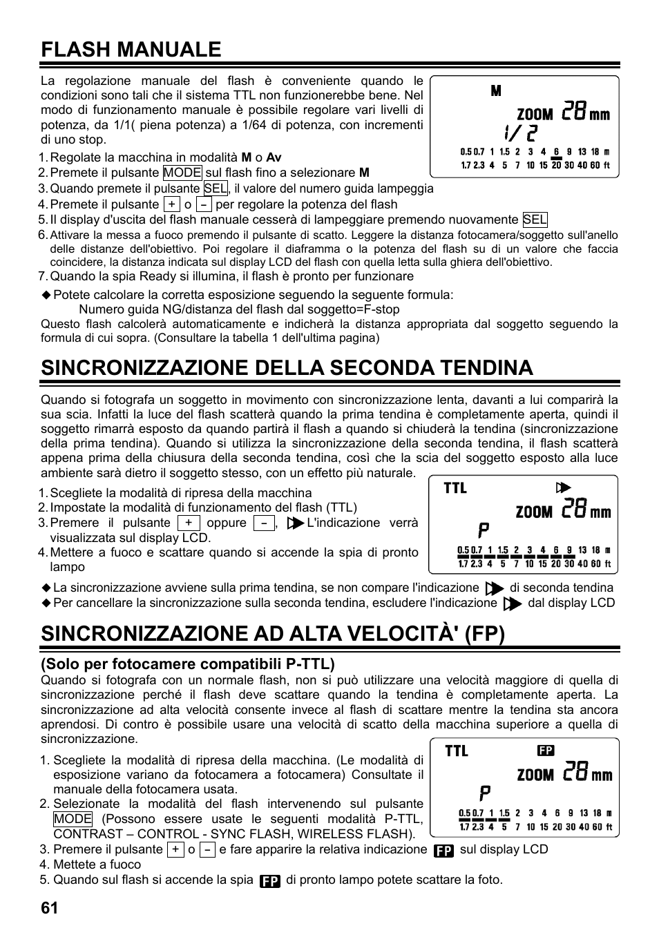 Flash manuale, Sincronizzazione della seconda tendina, Sincronizzazione ad alta velocità' (fp) | SIGMA ELECTRONIC FLASH EF-610 DG SUPER PA-PTTL (ペンタックス用) User Manual | Page 62 / 136