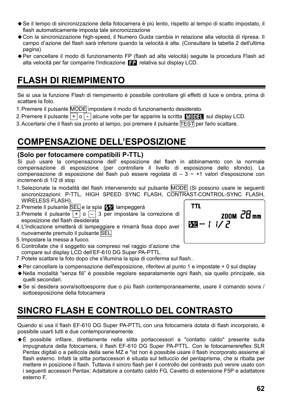Flash di riempimento, Compensazione dell’esposizione, Sincro flash e controllo del contrasto | SIGMA ELECTRONIC FLASH EF-610 DG SUPER PA-PTTL (ペンタックス用) User Manual | Page 63 / 136
