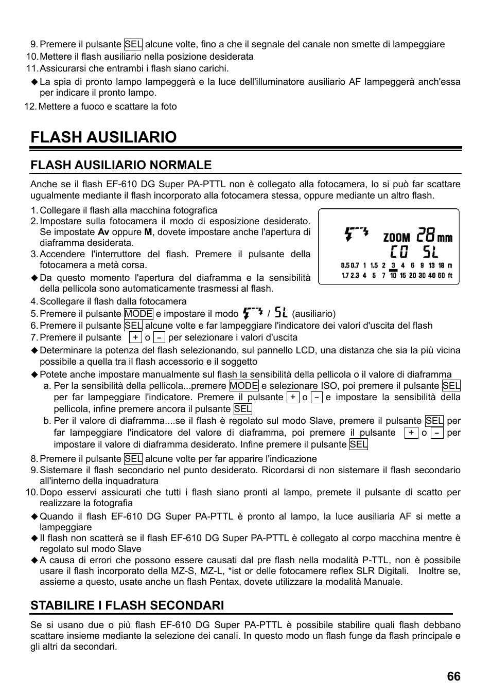 Flash ausiliario, Flash ausiliario normale, Stabilire i flash secondari | SIGMA ELECTRONIC FLASH EF-610 DG SUPER PA-PTTL (ペンタックス用) User Manual | Page 67 / 136