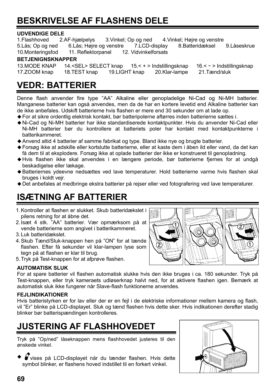 Beskrivelse af flashens dele, Vedr: batterier, Isætning af batterier | Justering af flashhovedet | SIGMA ELECTRONIC FLASH EF-610 DG SUPER PA-PTTL (ペンタックス用) User Manual | Page 70 / 136