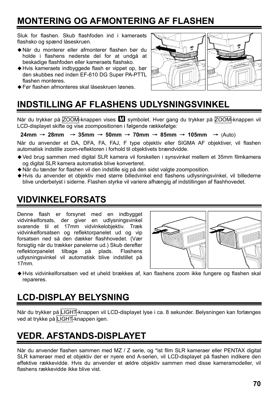 Montering og afmontering af flashen, Indstilling af flashens udlysningsvinkel, Vidvinkelforsats | Lcd-display belysning, Vedr. afstands-displayet | SIGMA ELECTRONIC FLASH EF-610 DG SUPER PA-PTTL (ペンタックス用) User Manual | Page 71 / 136