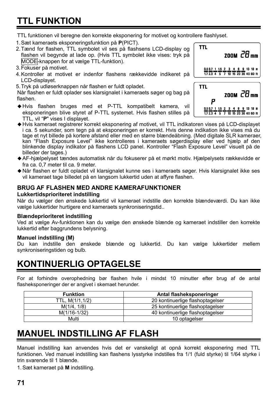 Ttl funktion, Kontinuerlig optagelse, Manuel indstilling af flash | SIGMA ELECTRONIC FLASH EF-610 DG SUPER PA-PTTL (ペンタックス用) User Manual | Page 72 / 136