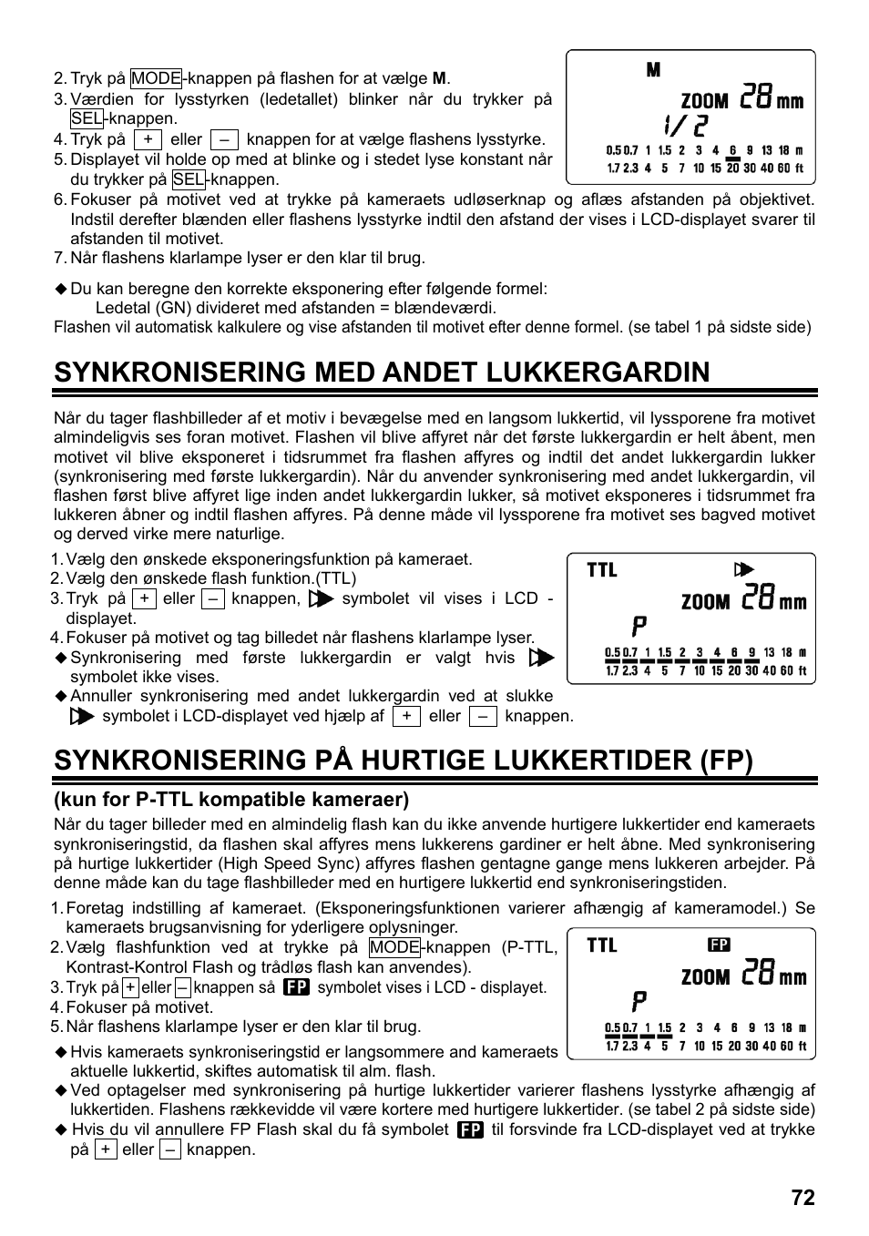 Synkronisering med andet lukkergardin, Synkronisering på hurtige lukkertider (fp) | SIGMA ELECTRONIC FLASH EF-610 DG SUPER PA-PTTL (ペンタックス用) User Manual | Page 73 / 136