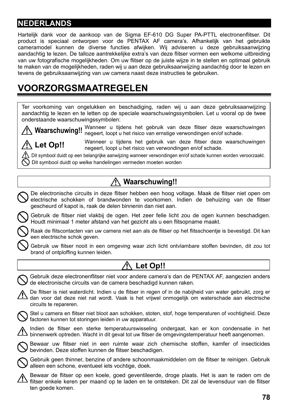 Voorzorgsmaatregelen, Nederlands, Waarschuwing | Let op | SIGMA ELECTRONIC FLASH EF-610 DG SUPER PA-PTTL (ペンタックス用) User Manual | Page 79 / 136