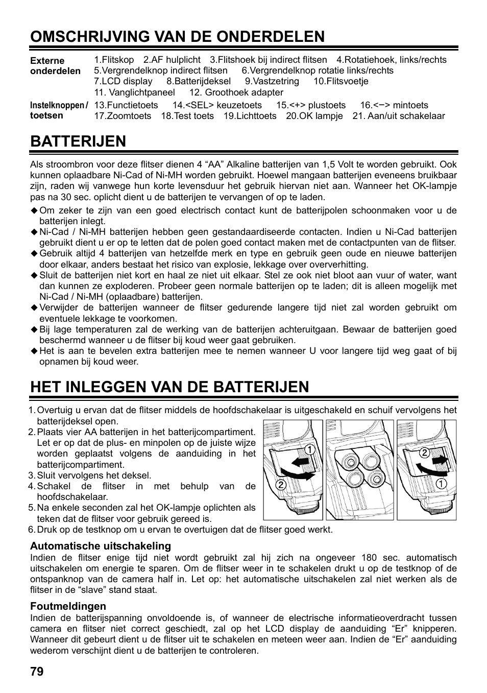 Omschrijving van de onderdelen, Batterijen, Het inleggen van de batterijen | SIGMA ELECTRONIC FLASH EF-610 DG SUPER PA-PTTL (ペンタックス用) User Manual | Page 80 / 136