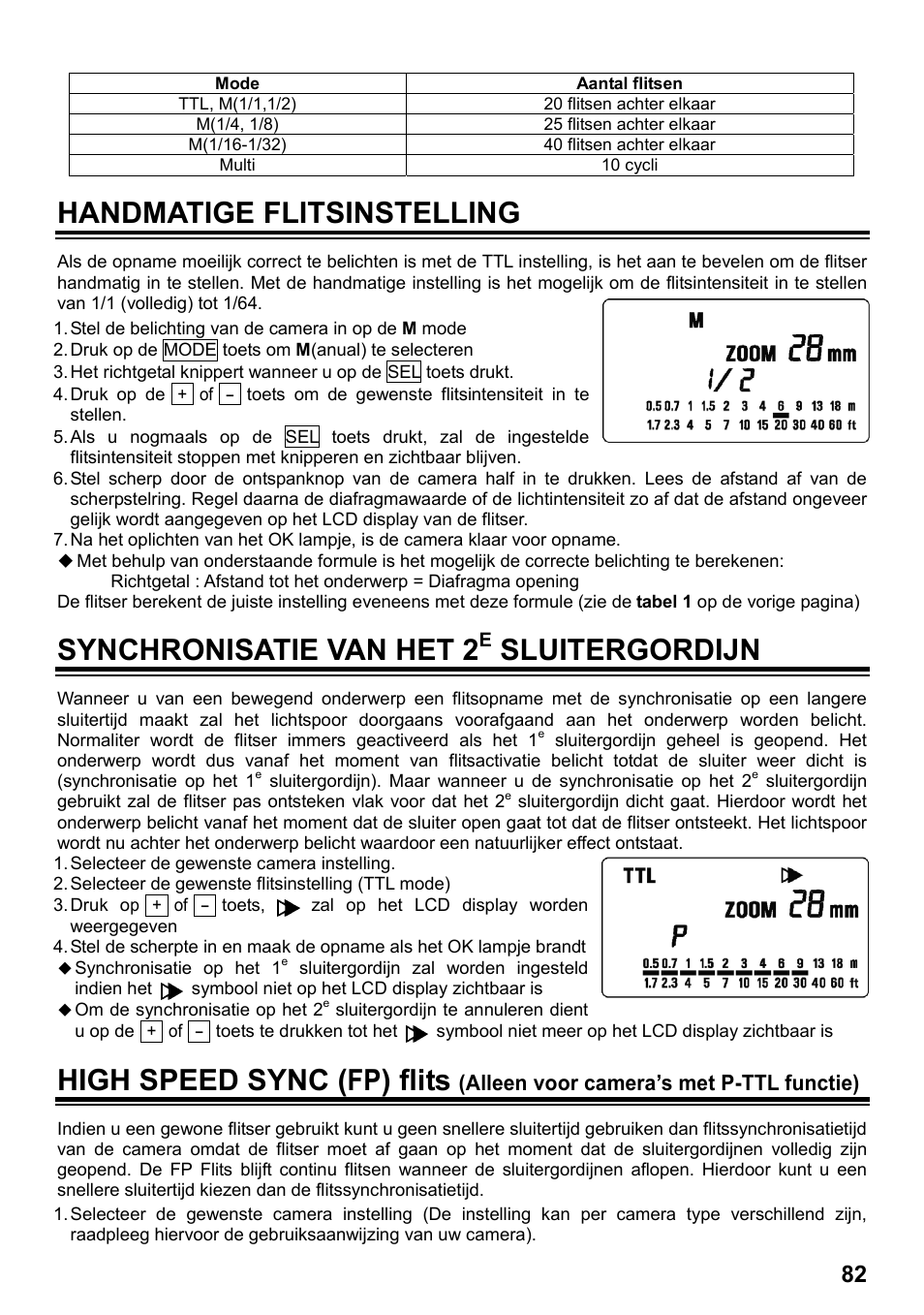 Handmatige flitsinstelling, Synchronisatie van het 2, Sluitergordijn | High speed sync (fp) flits, Alleen voor camera’s met p-ttl functie) | SIGMA ELECTRONIC FLASH EF-610 DG SUPER PA-PTTL (ペンタックス用) User Manual | Page 83 / 136