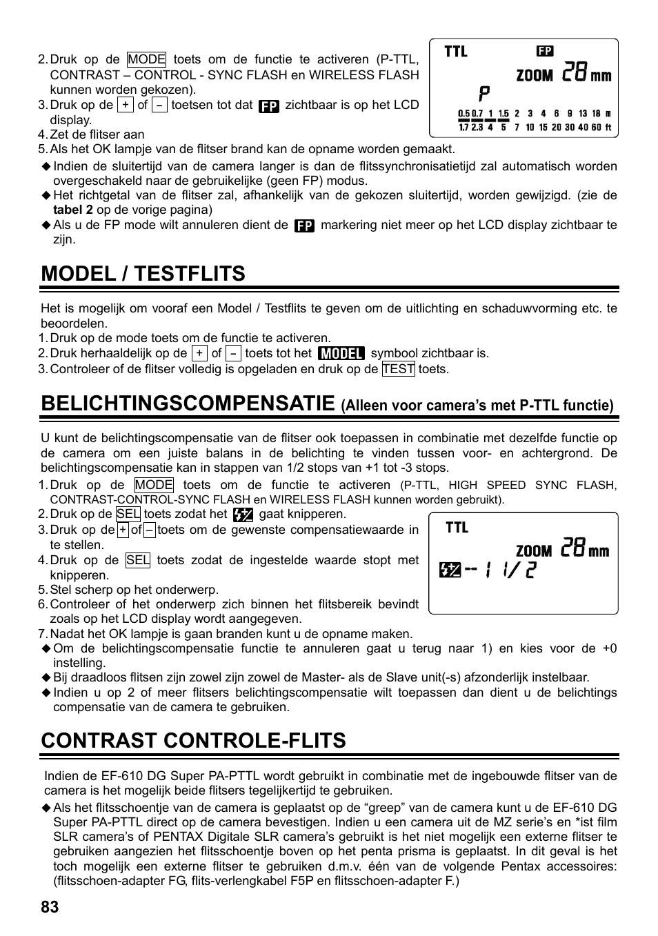 Model / testflits, Belichtingscompensatie, Contrast controle-flits | SIGMA ELECTRONIC FLASH EF-610 DG SUPER PA-PTTL (ペンタックス用) User Manual | Page 84 / 136