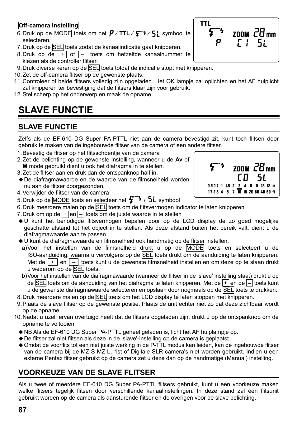 Slave functie, Voorkeuze van de slave flitser | SIGMA ELECTRONIC FLASH EF-610 DG SUPER PA-PTTL (ペンタックス用) User Manual | Page 88 / 136
