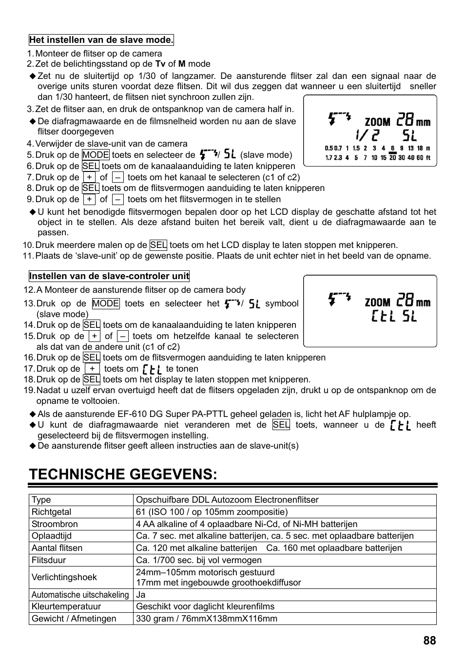 Technische gegevens | SIGMA ELECTRONIC FLASH EF-610 DG SUPER PA-PTTL (ペンタックス用) User Manual | Page 89 / 136