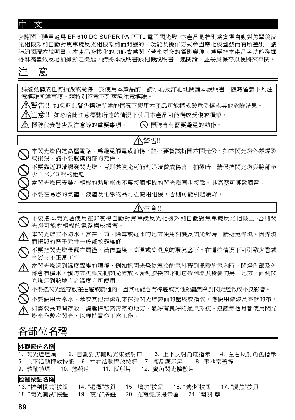 各部位名稱 | SIGMA ELECTRONIC FLASH EF-610 DG SUPER PA-PTTL (ペンタックス用) User Manual | Page 90 / 136