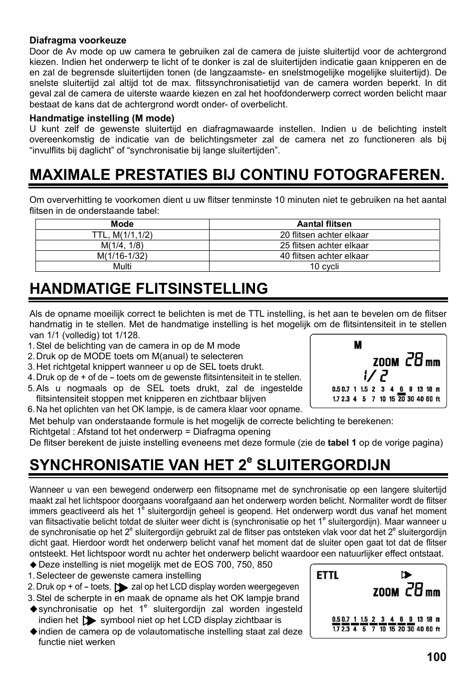 Maximale prestaties bij continu fotograferen, Handmatige flitsinstelling, Synchronisatie van het 2 | Sluitergordijn | SIGMA ELECTRONIC FLASH EF-610 DG SUPER EO-ETTL II (キヤノン用) User Manual | Page 101 / 160