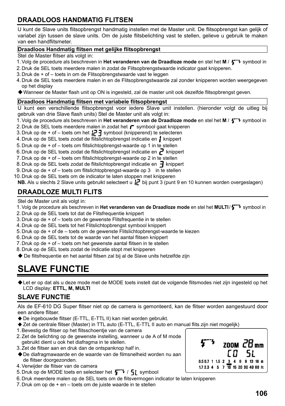 Slave functie, Draadloos handmatig flitsen, Draadloze multi flits | SIGMA ELECTRONIC FLASH EF-610 DG SUPER EO-ETTL II (キヤノン用) User Manual | Page 107 / 160