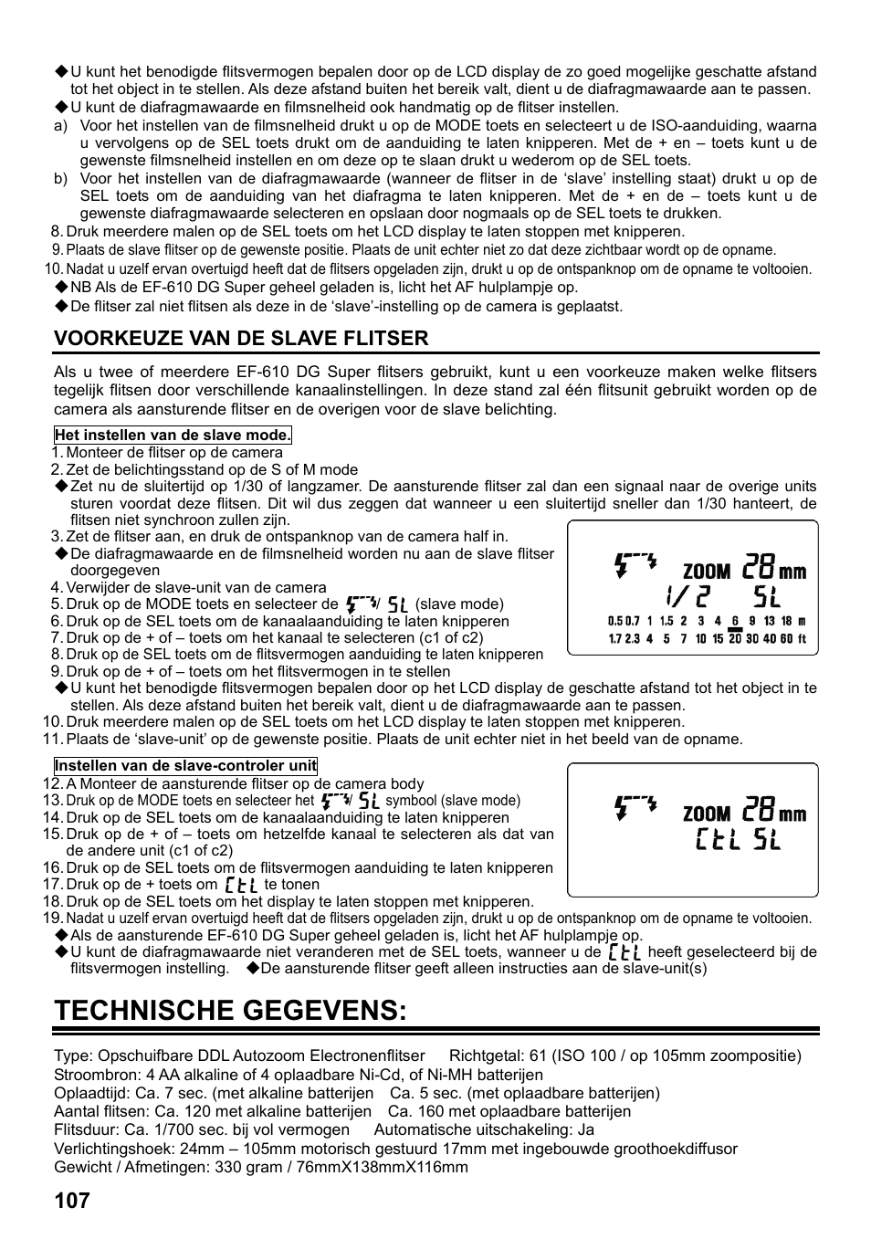 Technische gegevens, Voorkeuze van de slave flitser | SIGMA ELECTRONIC FLASH EF-610 DG SUPER EO-ETTL II (キヤノン用) User Manual | Page 108 / 160