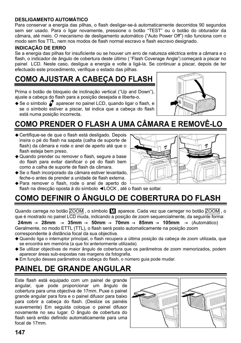 Como ajustar a cabeça do flash, Como prender o flash a uma câmara e removê-lo, Como definir o ângulo de cobertura do flash | Painel de grande angular | SIGMA ELECTRONIC FLASH EF-610 DG SUPER EO-ETTL II (キヤノン用) User Manual | Page 148 / 160