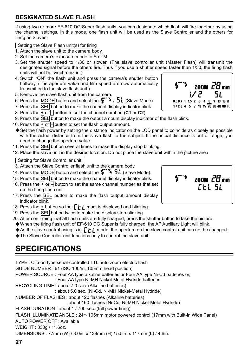 Specifications, Designated slave flash | SIGMA ELECTRONIC FLASH EF-610 DG SUPER EO-ETTL II (キヤノン用) User Manual | Page 28 / 160